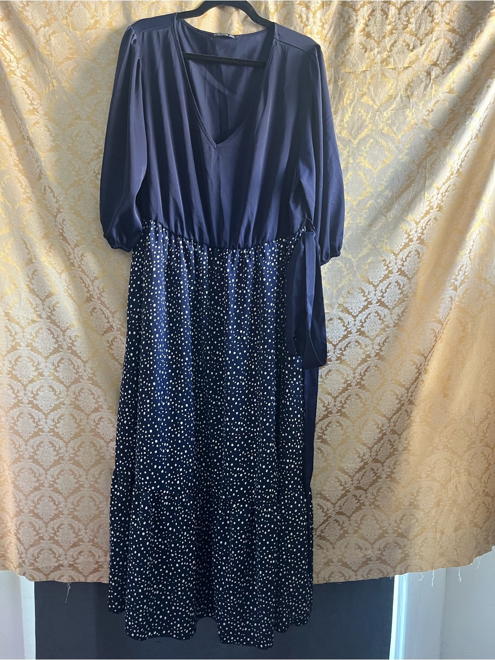 BloomChic Sz 18-20 Navy Blue Polka Dot Midi Dress with Puff Sleeves